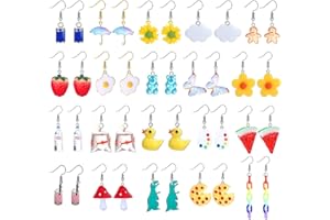 LOLIAS 20 Paires Résine Boucles d'Oreilles Mignonnes pour Femmes Filles Kawaii Bizarres Poisson Rouge Fraise Dinosaure Boucles d'Oreilles Boîte Transparente Dangle Boucles d'Oreilles Fantaisie