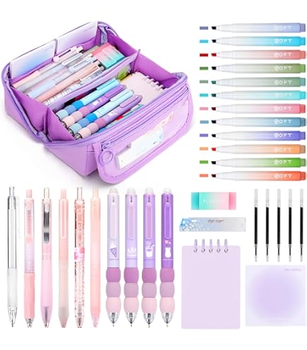 22 Pcs Cute Cat Stationery Set Beautiful Stationery 1 Canvas Cat Telescopic Pouch Bag 12 Gel Ink Rollerball Pens With 0.5 Mm Refill 320 Notes Page Flags Index Tabs 6 Cat Paper