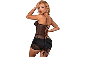 ohmydear Przezroczysta koszula nocna Babydoll koronkowa plus size bielizna Curvy Cross Ribbon Bielizna damska Uwodzicielska bielizna ze wsparciem seksowna sukienka z G-String