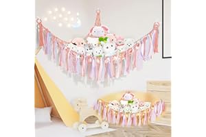 Luckits Spielzeug Aufbewahrung Mit Led Kuscheltier Aufbewahrung Netz Hängend Spielzeug Organizer Kinderzimmer Spielzeug Hängematte für Kuscheltiere Eckspielzeug Netz für Schlafzimmer(Rosa）