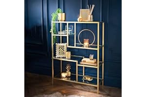 OTZ Gold Metal Shelving Storage Unit With tempered Glass Metal Gold Display Unit Free Standing Perfect for Books, Plants, and More