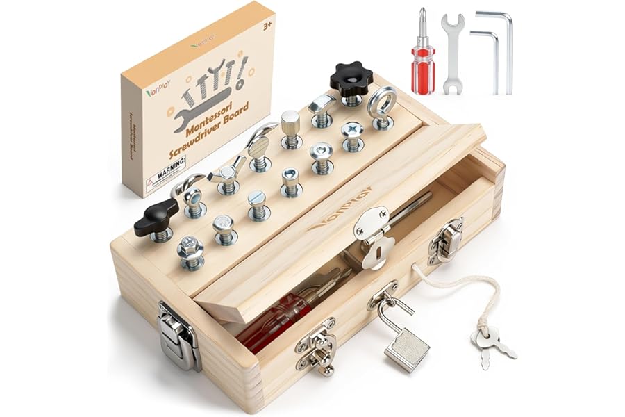 Vanplay Montessori Toys for 3 4 5 Year Olds, Montessori Screwdriver Board Set with Lock and Key - Kids Tool Set for Toddlers Travel, Fine Motor Skills Wooden Toys