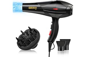 GRT PRO Asciugacapelli Professionale Phon per Capelli 2400W, Ion negativo e Temperatura Costante, Asciugatura Rapida e Delicata, Asciugatrice per Capelli con Diffusore e Concentratore (2.0 nero)