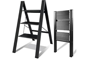 IBVIVIC 3 Marches Escabeau de Aluminium, Escabeau Pliable Léger, Robuste avec Large Pédale, Antidérapant Échelle Marchepied, Charge jusqu'à 150 KG, pour Maison, Cuisine, Bureau, Noir