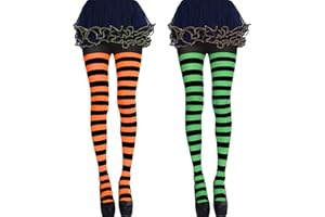 FAMCUCHE 2 Pairs Halloween Striped Tights, Full Footed Stripey Tights with Black-Orange and Black-Green Stripes, Opaque Halloween Tights for Women, Stripy Tights Women for Halloween Fancy Dress