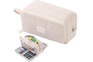 VICDUEKG Federmäppchen aus Cord-Stoff Federtaschen Mäppchen mit 3 Fächer Schulmäppchen Große Kapazität Stiftetasche Pencil Case für Schule & Büro (Beige)