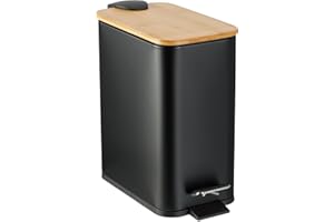 Relaxdays Poubelle de Salle de Bain, 5 litres, métallique, Seau intérieur Amovible, Couvercle en Bambou, Noire