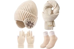 Saier tbo 4 Packs Women Winter Hat Scarf Gloves Socks Set, Fleece Lined Beanie Hat with Ear Covers Warm Touch Screen Gloves Long Knit Scarf Warmer Stocking for Girls Winter Accessories Cold Weather