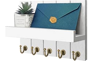 Baoswi Key and Mail Holder for Wall, Key Hanger for Wall with Shelf Wood Wall Shelf with Hooks - 5 Hooks for Wall Decorative Retro Hanging Organiser Rustic Farmhouse Decor for Entryway (White)