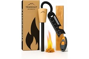TREKKOUT Survival Flint and Steel Ferro Rod | Fire starter 10mm Ferrocerium Rod Light 20,000+ Fires | Firelighter Pine Tinder | 6in1 Scraper | Survial Kit Firestarter Steel for Camping Bushcraft