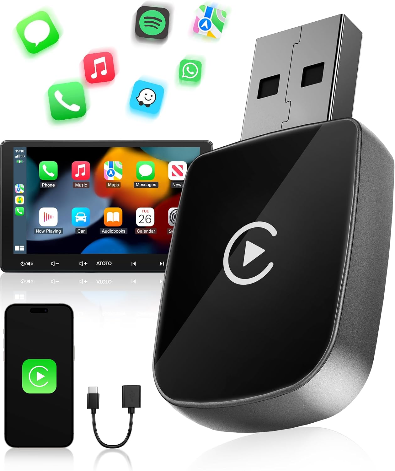 WityEye Adaptador CarPlay Inalámbrico, Bluetooth V5.3 Conexión Estable, 5.8GHz WiFi de Alta Velocidad, USB A/C, para Apple iPhone iOS 10+, Convierte Conexión con Cable en Inalámbrica