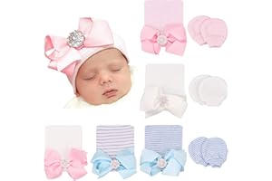 DRESHOW Sombrero y Manoplas para Bebé Recién Nacido,5 Sombreros y 3 pares de Manoplas para Bebés, Niños, Niñas, 0-3 Meses