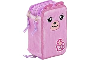 Julian Ross Astuccio 3 Scomparti Fluffy - 45 Pezzi, 2 Penne Gel Cancellabili, Colla, Forbici, Pastelli 4.0, 3 Zip, Bambina, Scuola e Regalo Orsetto Rosa
