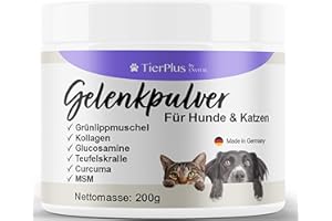 EXVITAL TierPlus Gelenkpulver für Hunde & Katzen, mit Grünlippmuschel, MSM, Kollagen, Glucosamin, Teufelskralle, Curcuma. Mehr Bewegungsfreude, Hohe Fressakzeptanz, 200g Pulver, hochdosiert & Made in Germany