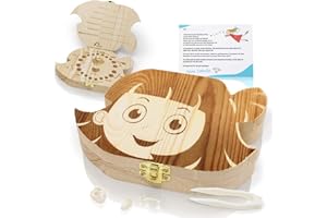 Amazy Boîte à dents de lait avec pincette – Adorable organisateur pour dents de lait de vos enfants – Boite souvenir en bois brut haut de gamme (grand |fille)