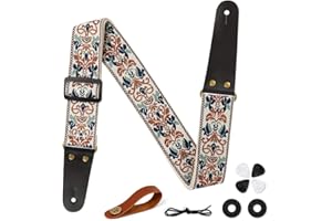 Aucuu Guitar Strap, 2" Embroidery Guitar Straps with Leather Ends Shoulder Strap, Vintage Embroidered Guitar Straps Come with Str-aps Button, 1 Pair Str-ap Locks and 4 Guitar Picks