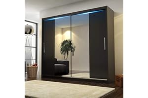 CHECO HOME AND GARDEN BIG STYLISH SLIDING WARDROBE 204cm !! BIG MIRRORS !! LED !! MANY COLOURS !! (Black, With Led)