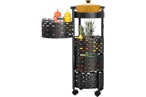 ‎FIVMEN FIVMEN Rollwage Küchenwagen mit 4 Ebenen Drehbares Küchenregal Gemüseregal Obstregal Hohler mit 360° Drehbare Räder Küchenrollwagen Nischenregal für Küche Bad Wohnzimmer, Runde Schwarz