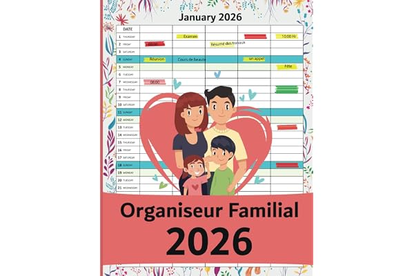 Organiseur Familial 2026: Cinq colonnes Enregistrez les objectifs familiaux pour les 12 prochains mois , allant de janvier à décembre et comprenant les dates de vacances et de célébrations.