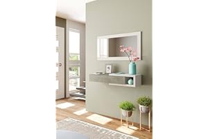Dmora - Mobile da ingresso Mcallen, Entratina reversibile con specchio, Mobile per atrio con cassetto, Svuotatasche per appartamenti, 95x26h69 cm, Bianco e Rovere