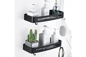 HNVNER Etagere Douche Noir Lot de 2, Étagère Rangement Douche avec 4 Crochets Etagere Salle de Bain sans Percage Serviteur de Douche en Métal pour Shampooing, Antirouille