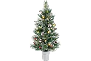 ‎COSTWAY COSTWAY 90 cm künstlicher Weihnachtsbaum mit Beleuchtung, Kleiner Tannenbaum im Topf, Tisch-Weihnachtsbaum mit 20 warmweißen LED-Lichtern, 8 Modi, Timer, Beeren und Tannenzapfen für Weihnachtsdeko