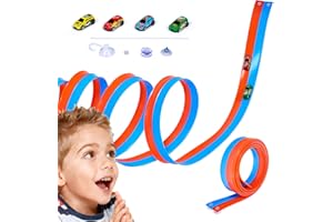 Havnidy 6 metrów elastyczny tor wyścigowy z przyssawkami i czterema szybkimi samochodami do ciągnięcia dla chłopców i dziewczynek w wieku od 3 do 8 lat, niebiesko-pomarańczowy, przenośny podwójny tor