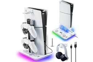 LYtech Soporte PS5 Slim de Carga Refrigerado con Cargador Mando y Luz RGB, Ventilador de 3 Velocidades y Gancho para Auriculares, Estación para Controlador para Playstation 5 Slim Disco/Digital