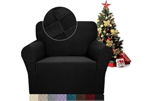FIGOOO Stretch Sofabezug 1 Sitzer Sofa überzug Schachbrettmuster Jacquard Elastisch Waschbar Sofahusse mit Armlehnen Einfarbig Protector für Hunde,Schwarz
