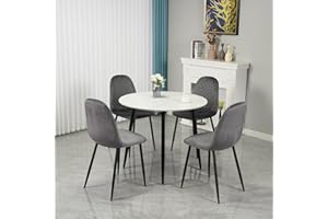 HomJoy Round Dining Table and Chairs Set of 4, Marble White 90cm Slate ModernTable and Grey Velvet Padded Chairs Kitchen Home Office Restaurant Pub