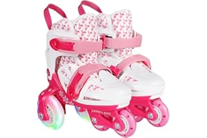 4-PEJIIJAR Patin à roulettes Enfants Patin Ajustable Roller Quad Réglables avec Roues Lumineuses Set de Protection pour Filles Garçons Débutants