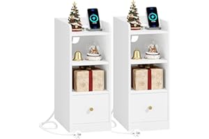 Hzuaneri Zestaw 2 Stolik nocny z oświetleniem LED i stacją ładującą, stolik końcowy z 3 szufladami z tkaniny, stolik boczny z portem USB, stolik nocny z otwartą półką do sypialni, biały NS36503X