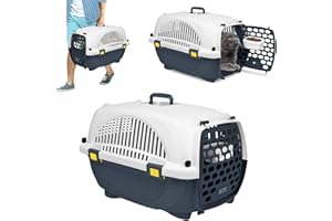 ORHEYA Trasportino gatto per cani di piccola taglia e gatti, in plastica con ciotola, trasportino animali fino a 10 kg, 61 x 37 x 37 cm, grigio