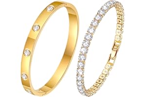 Ahokei Armreif Gold Armband Damen Gold Armband,2PC Titan-Stahl Armband Set,18K Gold Edelstahl Armkette Gold Damen Armbänder Damen Schmuck,Silber Armreif Damen 17/18CM,Valentinstag für Sie Frauen