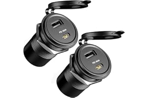 acegoo Toma USB 12V 65W PD3.0 y QC3.0 18W, Camper Aluminio Impermeable Enchufe, Computadoras Portátiles Cargador de Coche, Carga Rápida Empotrable para Autocaravana Barco Marino ATV Golf, 2 Piezas