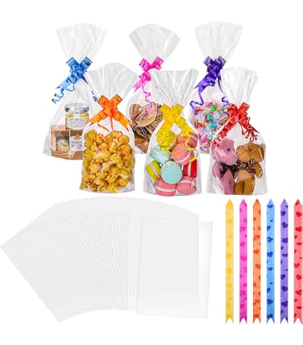 50 Pack Rice Krispy Treats Bag With Sticks Kit: Clear Plastic Container For Small Cakesicles, Marshmallow Square, Cake Pop, Crispy Treat Packaging Holder With Gold Ribbon For Wedding Party Christmas