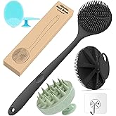 ANTIL'S 4-in-1 Soft Silicone Bath Brush Set | Long Handle Back Scrubber + Body Scrubber + Scalp Massager + Face Massager | Su