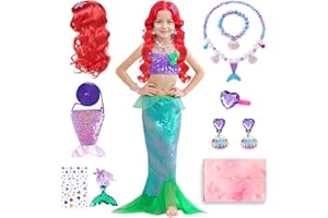 TOSZOLY Disfraz Sirenita Niña, Disfraz Princesa Sirena con Peluca de Sirena Ariela Accesorios de Collar, Regalo para Niña, Vestido de Sirenita para Fiesta Cosplay Carnaval