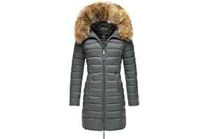 MARIKOO Damen Wintermantel warmer Steppmantel lang mit Kapuze und abnehmbarem Kunstfell-Kragen Rose XS-6XL