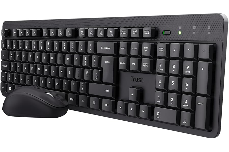 Trust Ymo II Silent Wireless Keyboard and Mouse Set QWERTY UK Layout, Floating Low Profile Keys, Spill-Resistant, One USB Receiver, Ambidextrous Mouse 800-1600 DPI, Quiet Combo for PC Laptop Mac