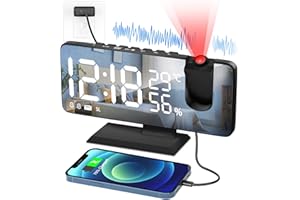 PEYOU Reveil Projection Plafond avec Radio FM, Adaptateur, Écran Miroir LED 7.4", Réveil Numérique à Projection avec Température et Humidité, 12/24H,3 Luminosités Réglable, Double Alarme avec Port USB