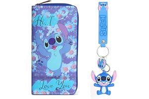 BOYIGOG Stitch Geldbörse mit Stitch Schlüsselbund Set Cartoon Geldbörsen PU Geldbörse Lange Stitch Geldbörsen und Schlüsselanhänger Stitch Geschenke