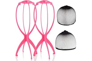 KSJEHW 2 Pezzi Wig Stand Testa di Parrucca Pieghevole Portatile per Parrucche Corte Porta Parrucca di Parrucca di Plastica Porta Parrucca Pieghevole Wiger per Viaggiare（Rosa, Parrucca Libera）