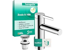 hansgrohe Zesis S - Tvättställsblandare med push-open ventil, energibesparande (CoolStart), Vattenkran badrum med utloppshöjd