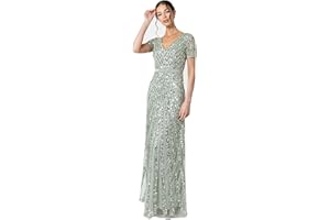 Maya Deluxe Maxi-Vestido de Lentejuelas Adornado para Mujer, Manga Larga, Cuello En V, Cintura Imperio Alta, Corte Brillante, Graduación, Boda Dama de Honor