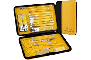 ULIYA Manicura Pedicura Set 18 PCS Profesional Cortaúñas Acero Inoxidable Grooming Kit Con Estuche De Viaje De Cuero Lujoso (Amarillo)