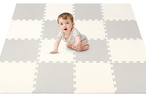 Hello-5ive Foam Play Mat for Baby Kids, Soft EVA Interlocking Puzzle Play Mat Tiles, Thick Playmats & Floor Gyms Indoor Outdoor Activity Center (Grey-Cream 16PCS)