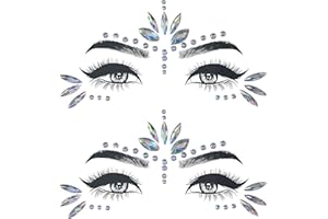 RHSEMI 2pcs Edelsteine Temporäre Tattoos Glitzer Schmucksteine Strass Gesicht Juwelen Kristalle für Musikkarneval, Party,Halloween, Weihnachten, Geburtstag, Make-up（silbrig）