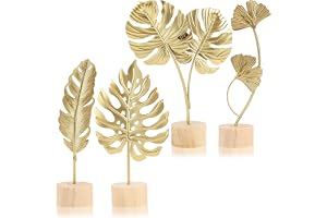 ZOTRAHG Set med 4 dekorativa guldblad med träbas, modern dekoration för vardagsrum, fönsterbräda, bordsdekoration, vardagsrum, metallbladskulptur för sovrum