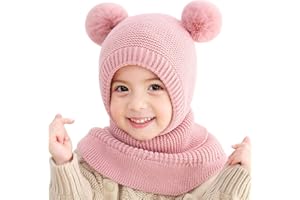 FUYAO Toddler Girls Winter Warm Hat Scarf Baby Fleece Earflap Beanies Hood with Double Pom Pom Windproof Balaclava Skiing Cap for 1-5 Years Old Kids